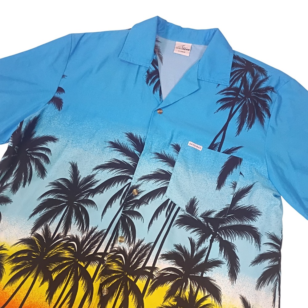 VTG High Seas Resort Wear Bahamas Palm Tree Sunset Hawaiian Shirt Mens XL Blue